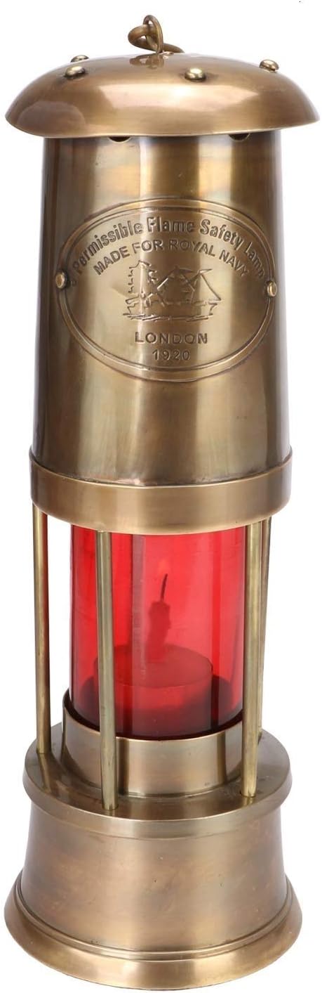 Antique Style Royal Navy London Portable Hanging Kerosene Oil Lantern Lamp Made of Brass for Camping Ship Tent Red Glass 9 Inches Approx, Brown