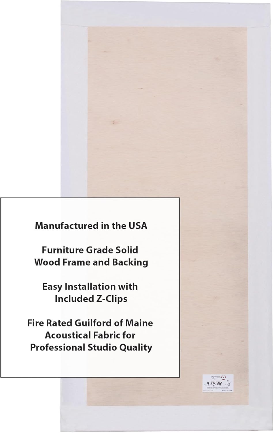 ATS Acoustics Sound Absorbing Acoustic Panel with Sona Fabric, NRC 1.0, Fire Rated, 24" x 48" x 2" (Snow)