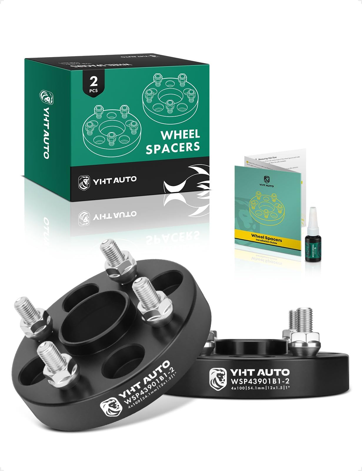 YHTAUTO 4x100mm Hub Centric Wheel Spacers 1" Fits Kia, Ford, Mazda, Scion, Toyota, Fiat Models, Corolla, xB, Rio, Tire Spacers w/ M12x1.5 & 12.9 Grade Studs, 54.1mm Hub Bore 4 Lug 2PCS Black