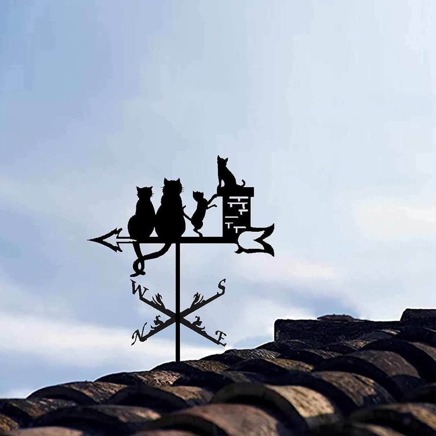 Weather Vane Cat Family Silhouette Weathercock Wind Direction Indicator wind vane Measuring Tools Stainless Steel for Patio Yard Ornament Decoration