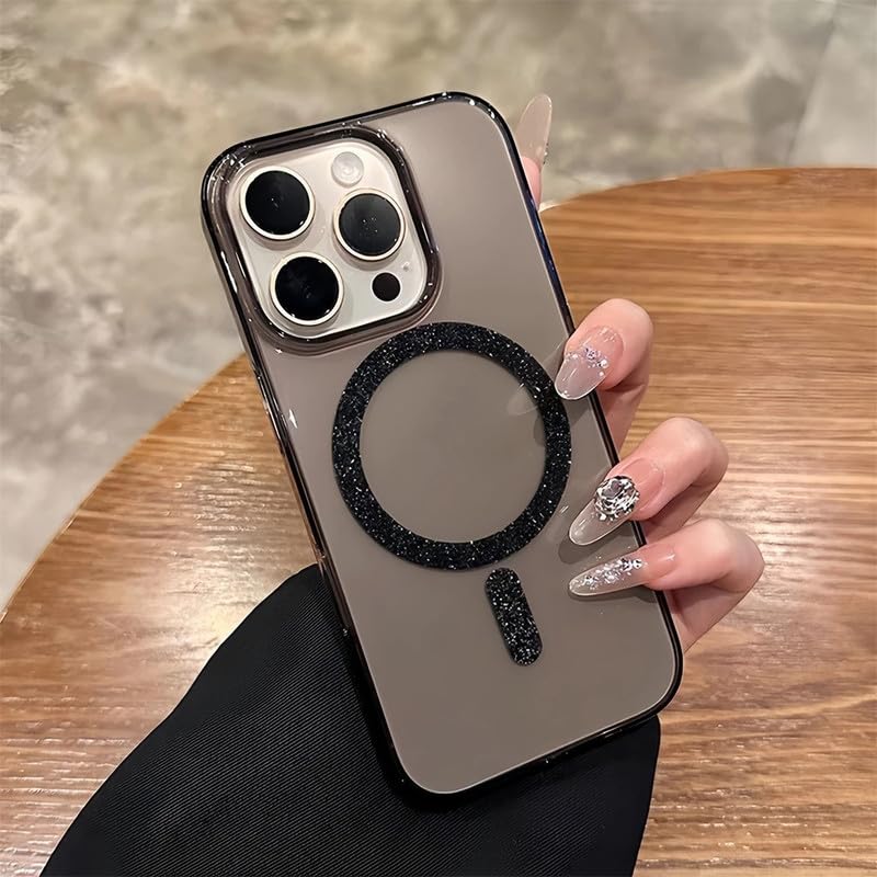 Image of COVERLY Magnetic Glitter for iPhone 15 Pro Max Case, Clear Crystal Bling Phone Case [Compatible with Mag-Safe] Shockproof Sparkly Cute Women Girl Protective Cover for iPhone 15 Pro Max, Black Glitter