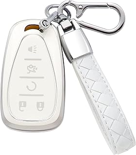 Kespevn for Chevy Key Fob Cover 5 Button with Leather Keychain Soft TPU 360 Degree Protection Car Key Case Shell Holder Fits for Chevrolet Equinox Malibu Cruze Tahoe Camaro Traverse Blazer, White