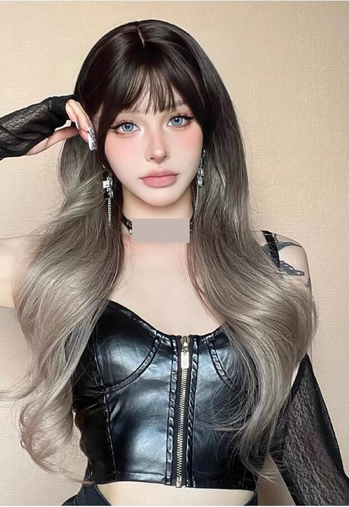 Gradient Wig Long Brown and Gray Ombre Hair with Bangs Middle Part Synthetic Fiber Full Wig for Women Girls
