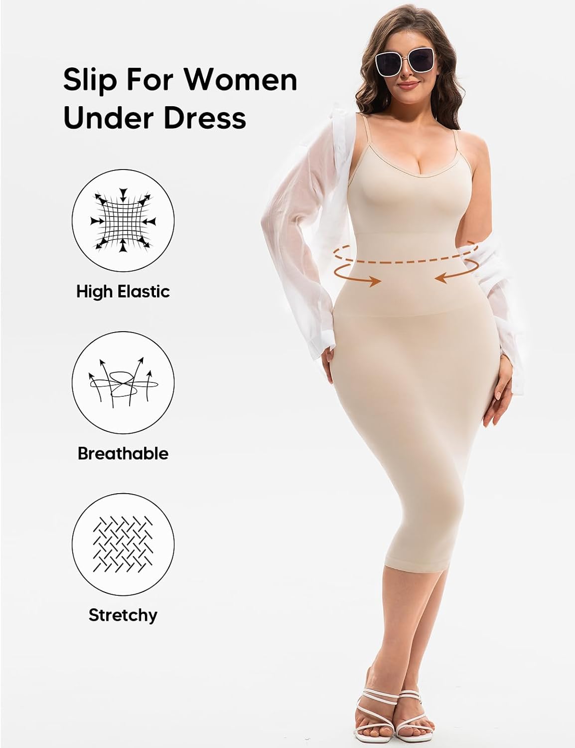 Shapewear Slip Dress for Women Under Dress Tummy Control Body Shaper Full Slip Spaghetti Straps Bodycon Dresses
