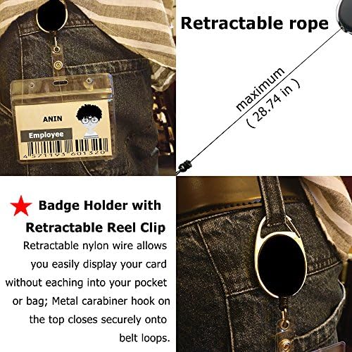 20 Pcs Cord Carabiner Reel Clip with Badge Holders and Lanyards, CNYMANY 10 Pcs Vertical and Horizontal PVC ID Card Holders with 5 Retractable Back Belt Clasps 28" and 5 Straps