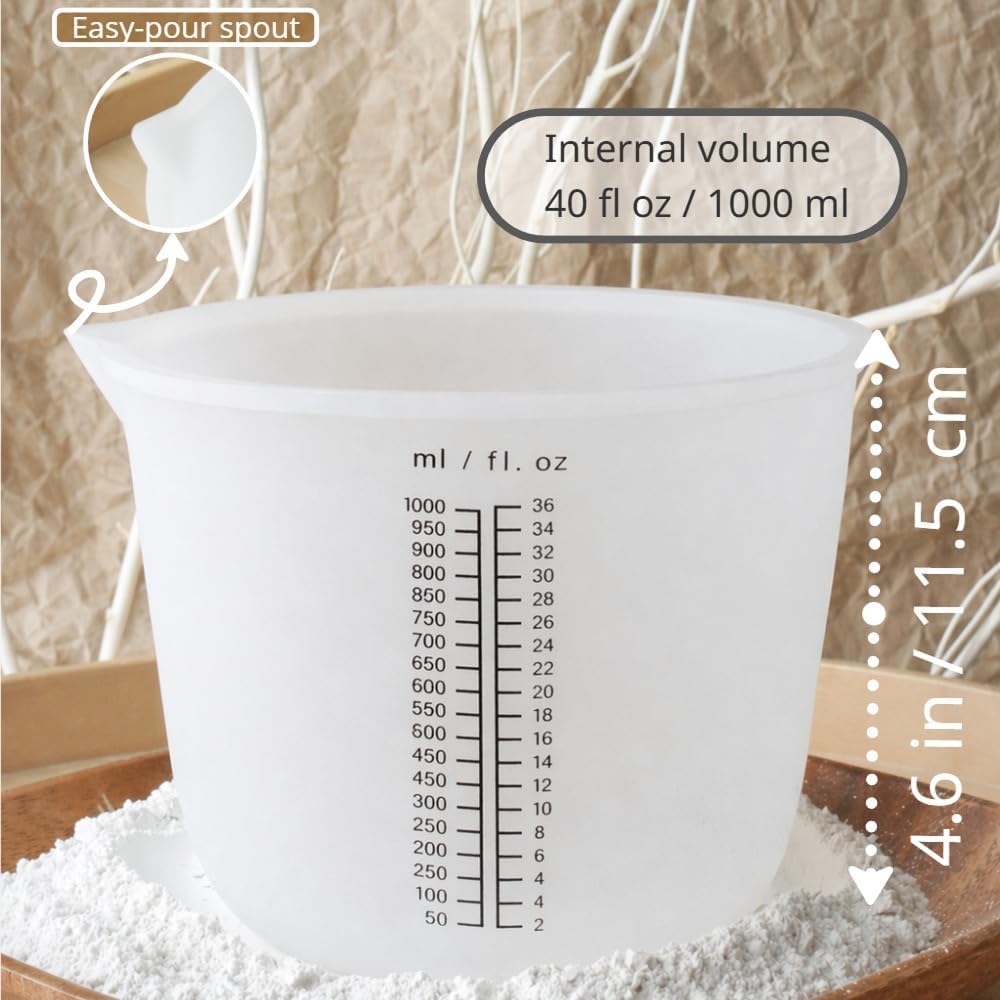 Set Of Silicone Measuring Cups And Bowls For Crafting, 5 Pieces: A large 34 fl oz(1000 ml) Bowl, a 20 fl oz (600 ml) Bowl, 2 Measuring Cups, and 1 Specialized Color-Mixing Cup