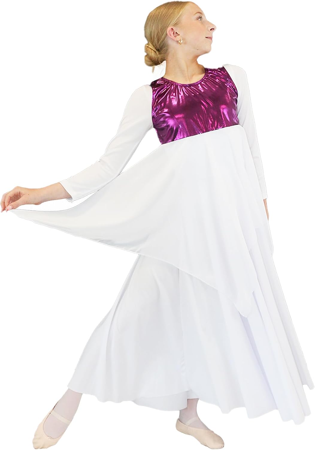 Danzcue Girls Worship Tunic Praise Dance Tunic for Girl Metallic Patchwork Sleeveless Asymmetrical Hem Liturgical Dance Top