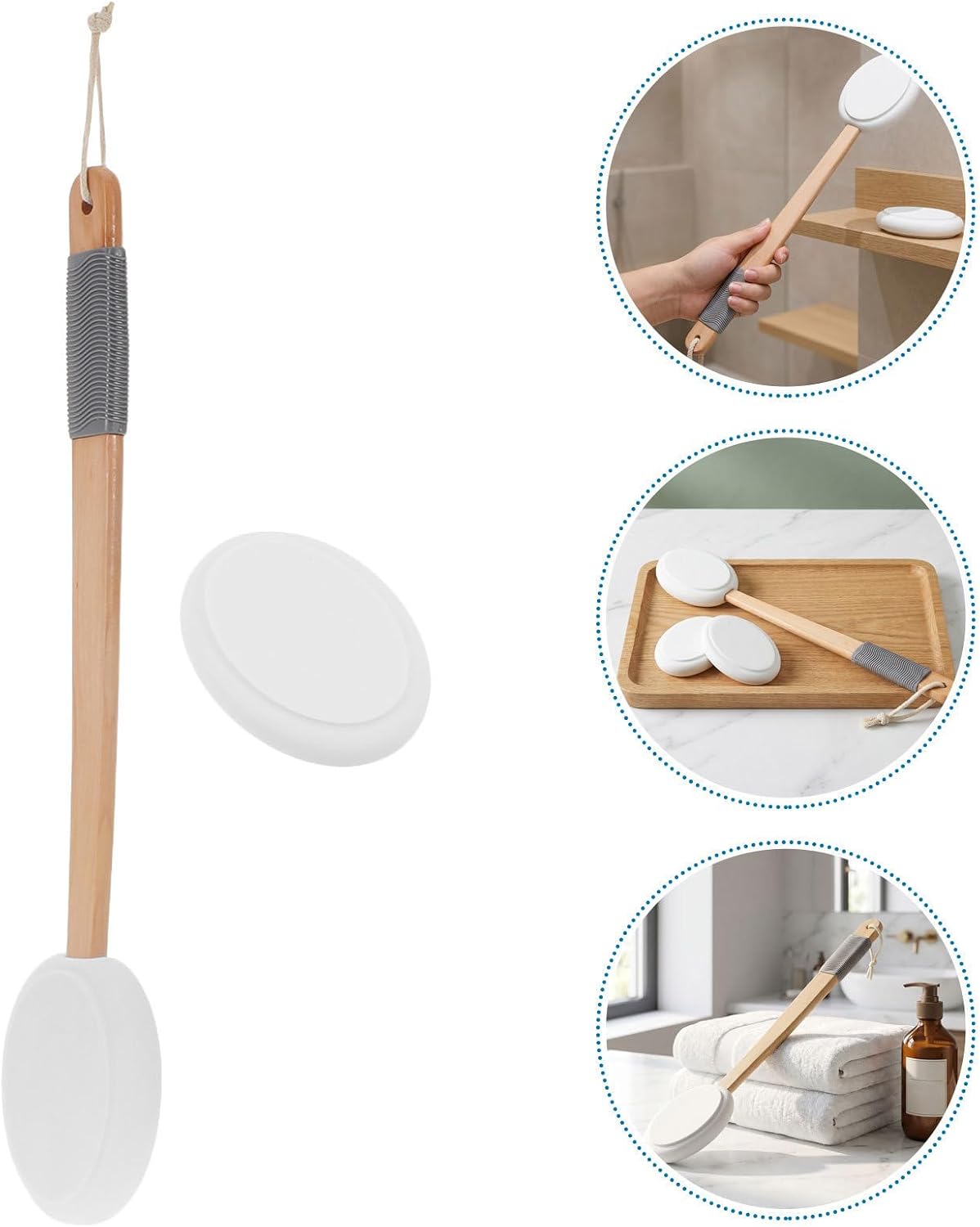 Back Lotion Applicator Tool with Long Handle for Shower and Bathroom Use, with 2 Replacement Eva Heads, Wood Handle for Stable Grip and Single-Handed Operation, for Elderly