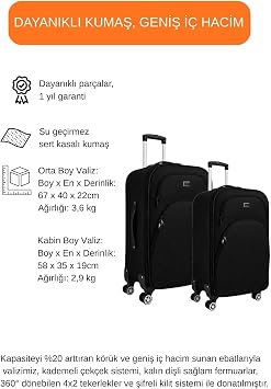 Louisiana Polo Orta ve Kabin Boy Valiz Seti 4 Teker Kumaş Valiz Siyah 1081