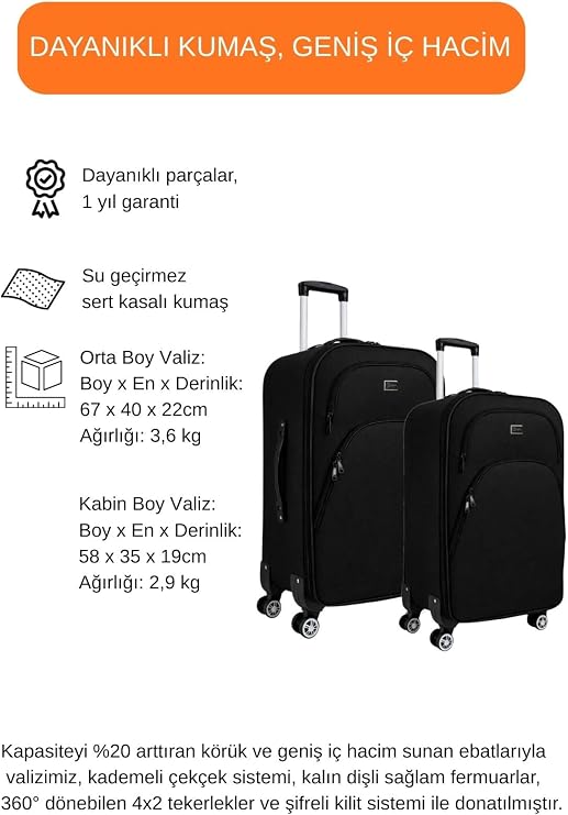 Louisiana Polo Orta ve Kabin Boy Valiz Seti 4 Teker Kumaş Valiz Siyah 1081