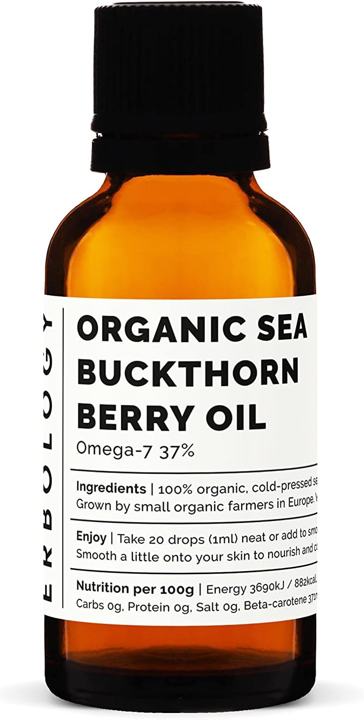Erbology Organic Sea Buckthorn Oil 30ml - 30 Servings - Cold-Pressed 50:1 - Rich in Omega-7 and Beta-carotene - Straight from Farm - GMO-Free - No Additives or Preservatives - Recyclable Glass Bottle