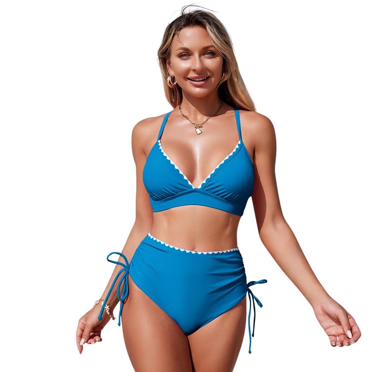 Women Bikini Set Tummy Control High Waist Cross Back with Tie Closure V Neck Two Piece Swimsuit Push Up Swimsuit Padded Support-image-49
