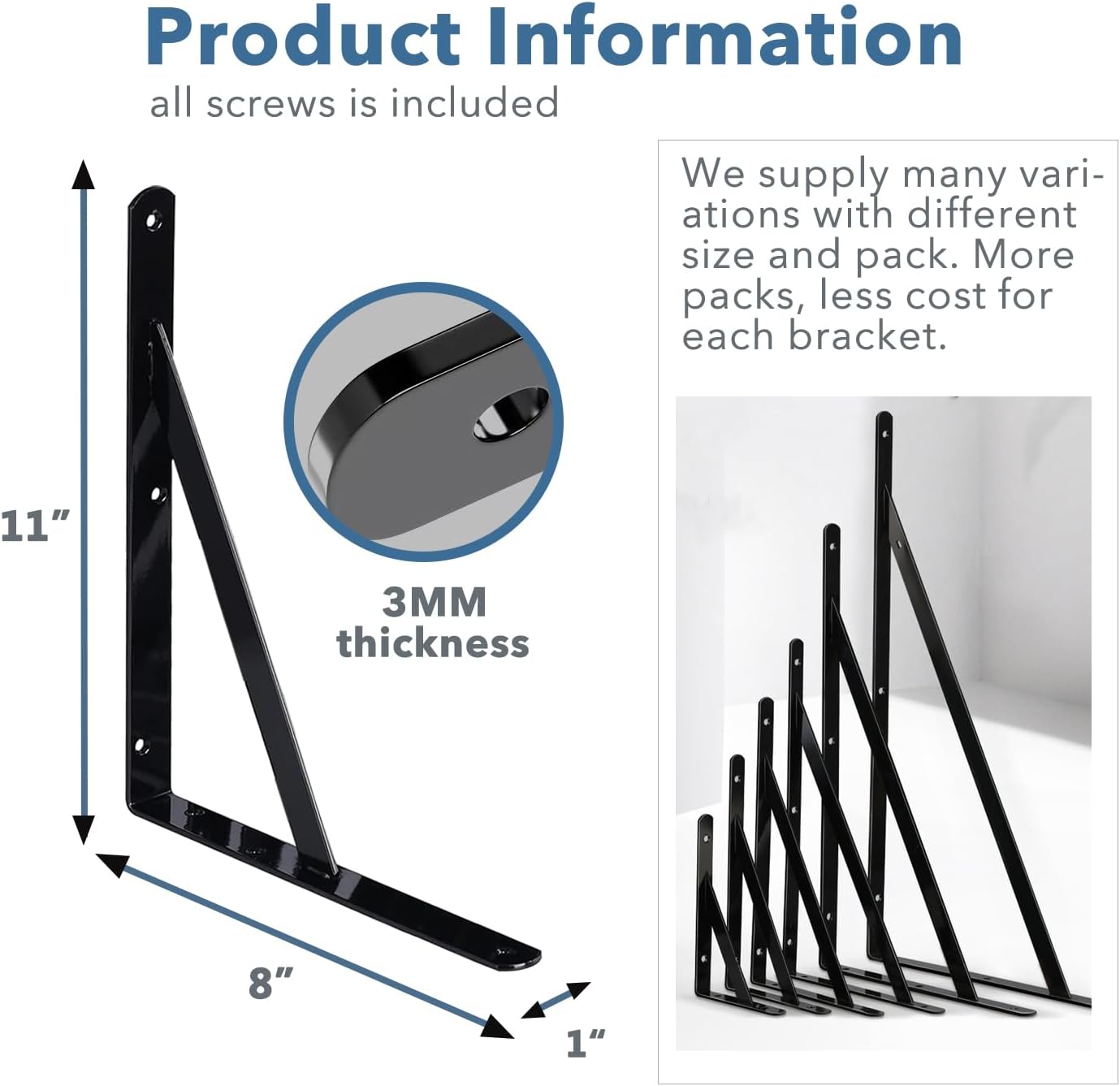 Shelf Brackets 8 Pack 11 inch Heavy Duty Metal L Brackets for Shelf 11"x8" Black Iron Wall Mount Screw Included