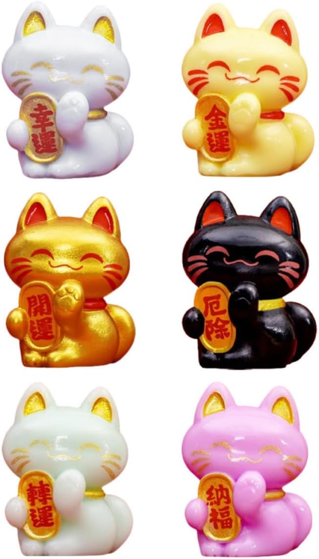 MERRYHAPY 6pcs Miniature Lucky Cat Resin Decor Figurines for Home Xmas Gift