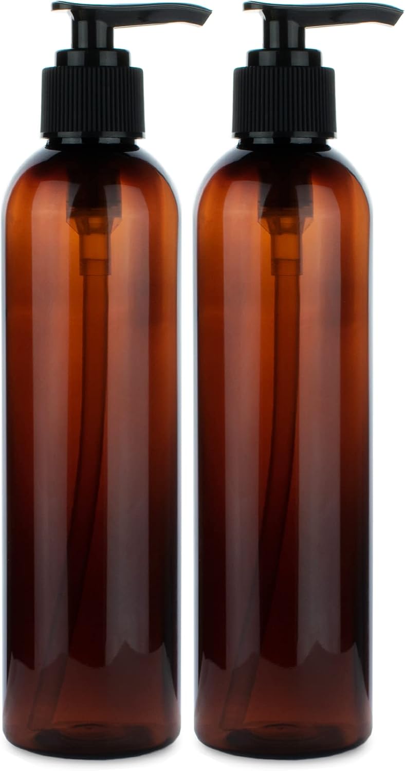 BRIGHTFROM Lotion Pump Bottles, Empty 8 OZ, BPA-Free Refillable Plastic Containers, Amber with Black Dispenser for - Soap, Shampoo, Lotions, Liquid Body Soap, Creams and Massage Oil (2 Pack)