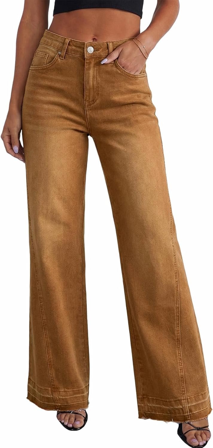 Dokotoo Jeans for Women Casual High Waisted Wide Leg Denim Pants Baggy Raw Hem Flare Jeans with Pockets