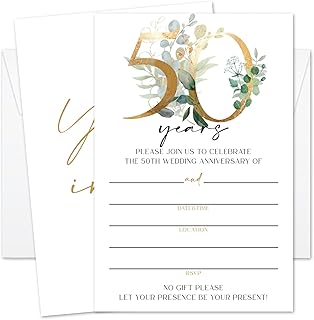 Greenery 50th Wedding Anniversary Invitations, 50th Anniversary Invites, Wedding Party Supplies, 25 Pcs Cards & Envelopes /10