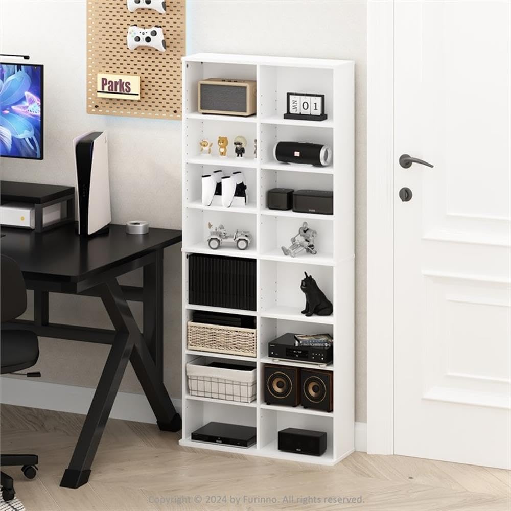 Pemberly Row 16-Shelf Multimedia Media Storage Tower Rack, Adjustable Composite Wood, White Finish, Wall Mount Kit Included, 7 in D x 24 in W x 54 in H, CD/DVD/Blu-Ray Storage for Media Room or