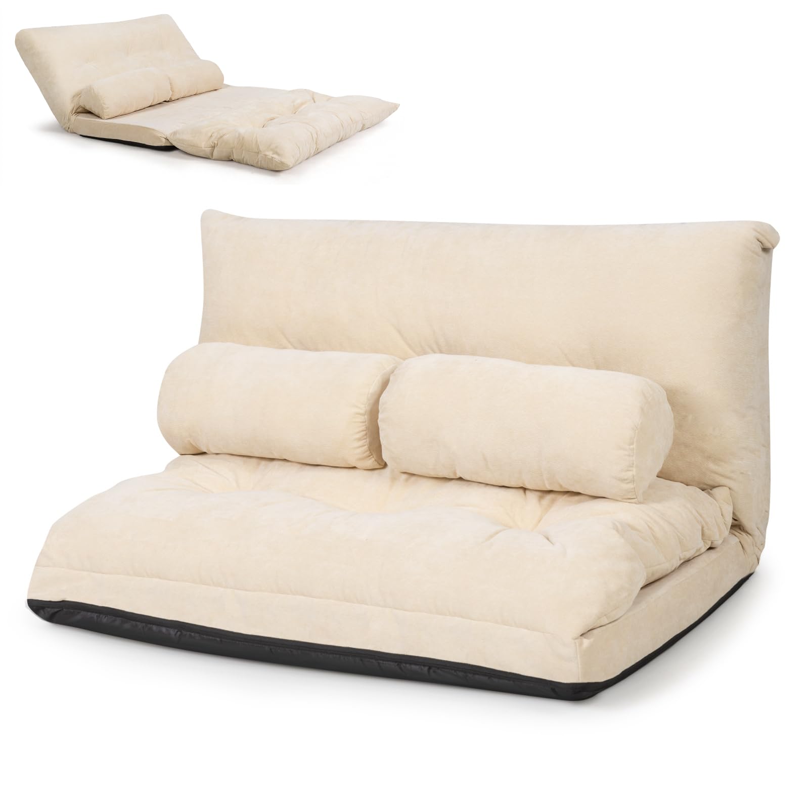 COSTWAY Double Folding Sofa Bed, 6-Position Adjustable Lounger Sleeper Seat Chair with 2 Pillows, Home Office Convertible Floor Lazy Sofa Bed for Living Room Bedroom (Beige)