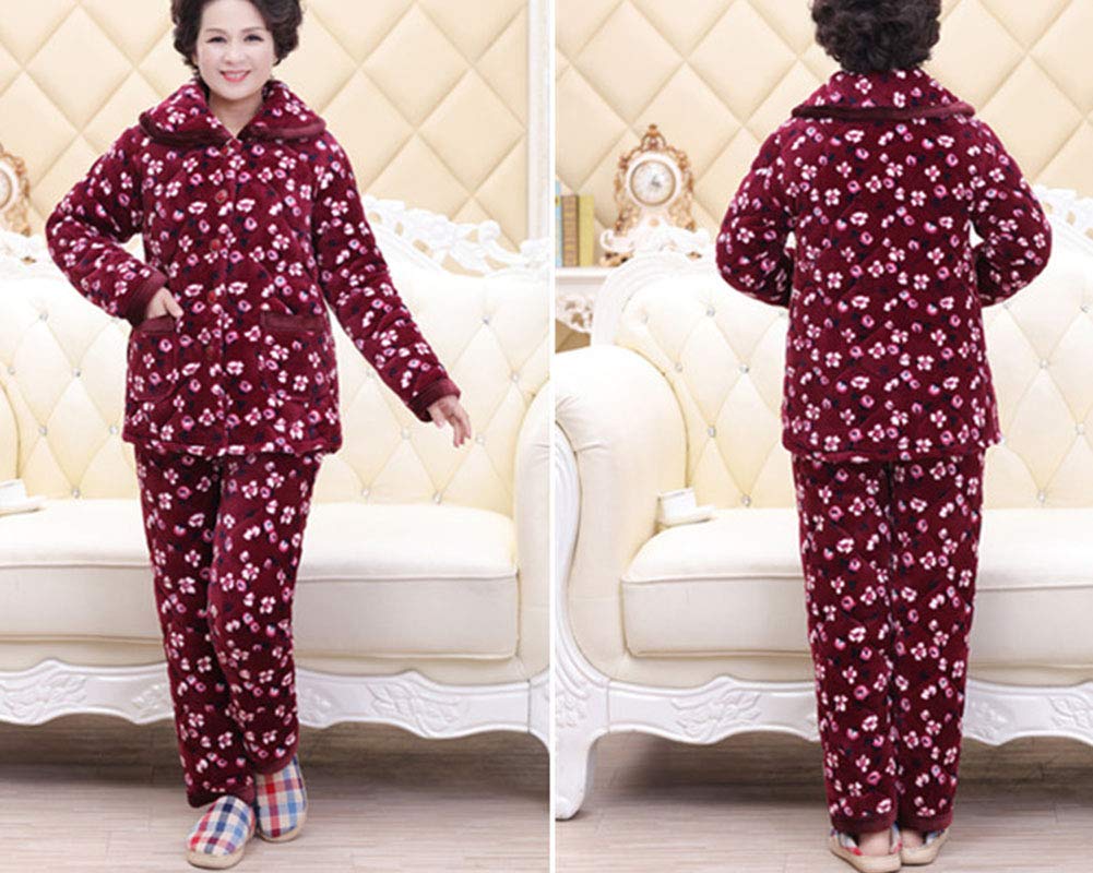 Donne Set Pigiama Invernale Top a Maniche Lunghe e Pantaloni con Stampa,Caldo Pile di Corallo Super Morbido Bottone Frontale Pj Set Loungewear Pigiami da Notte