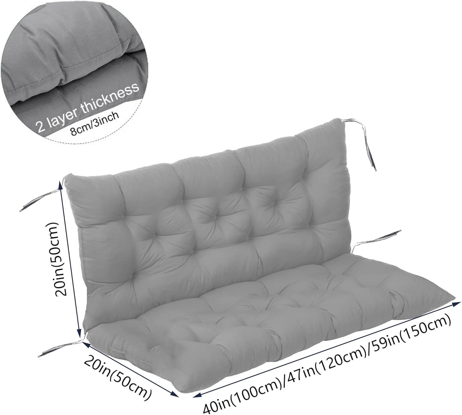 Garden Patio Swing Pad with Backrest 3 Inch Thick Overstuffed Seat Cushion Swing Cushion Bench Pad Cushion for Hanging Chair Wicker Loveseat Settee Sofa Lounger Seat,47x40in,Gray
