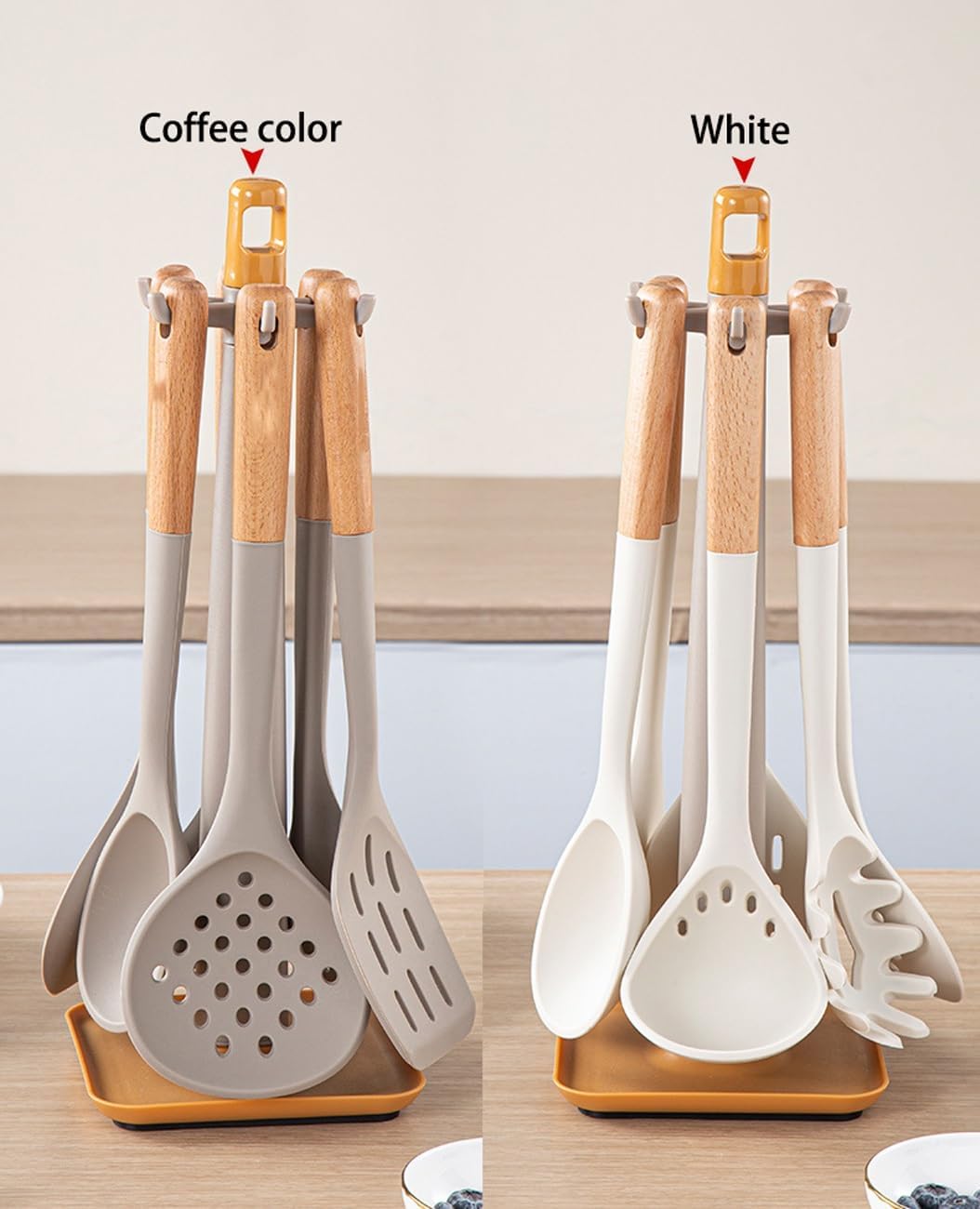 Silicone Cooking Kitchen Utensils Set, 7 Pcs Cooking Utensils Set with Holder, Heat Resistance, Wooden Handle Silicone Kitchen Utensil Set for Nonstick Cookware，White-One Size