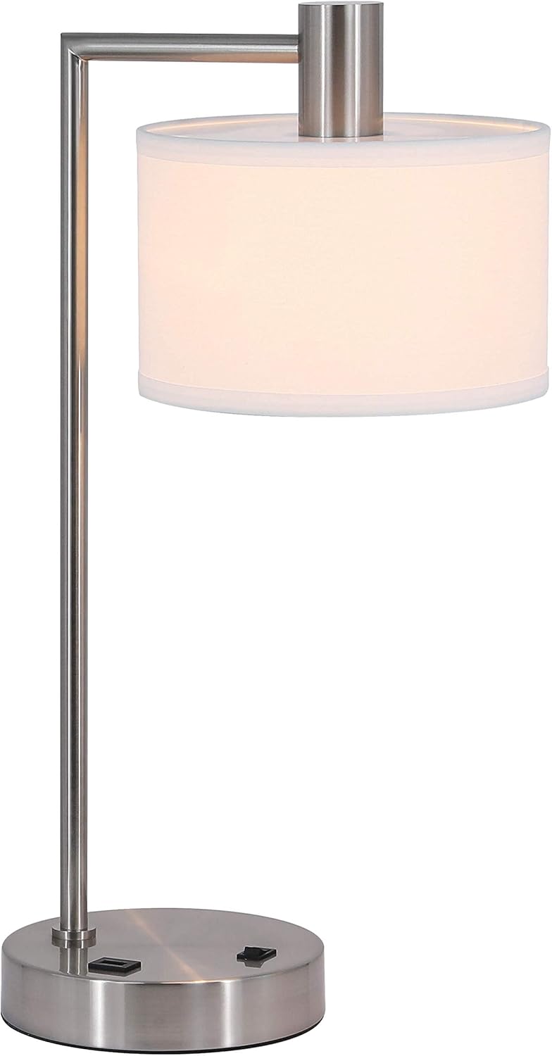 Rеvіеw Prоduсt XiNBEi Lighting Table Lamp USB Desk Lamp with Fabric Shade, Modern Bedside Iron Lamp Brushed Nickel Finish for Bedroom Living Room & Office XB-TL1230-BN