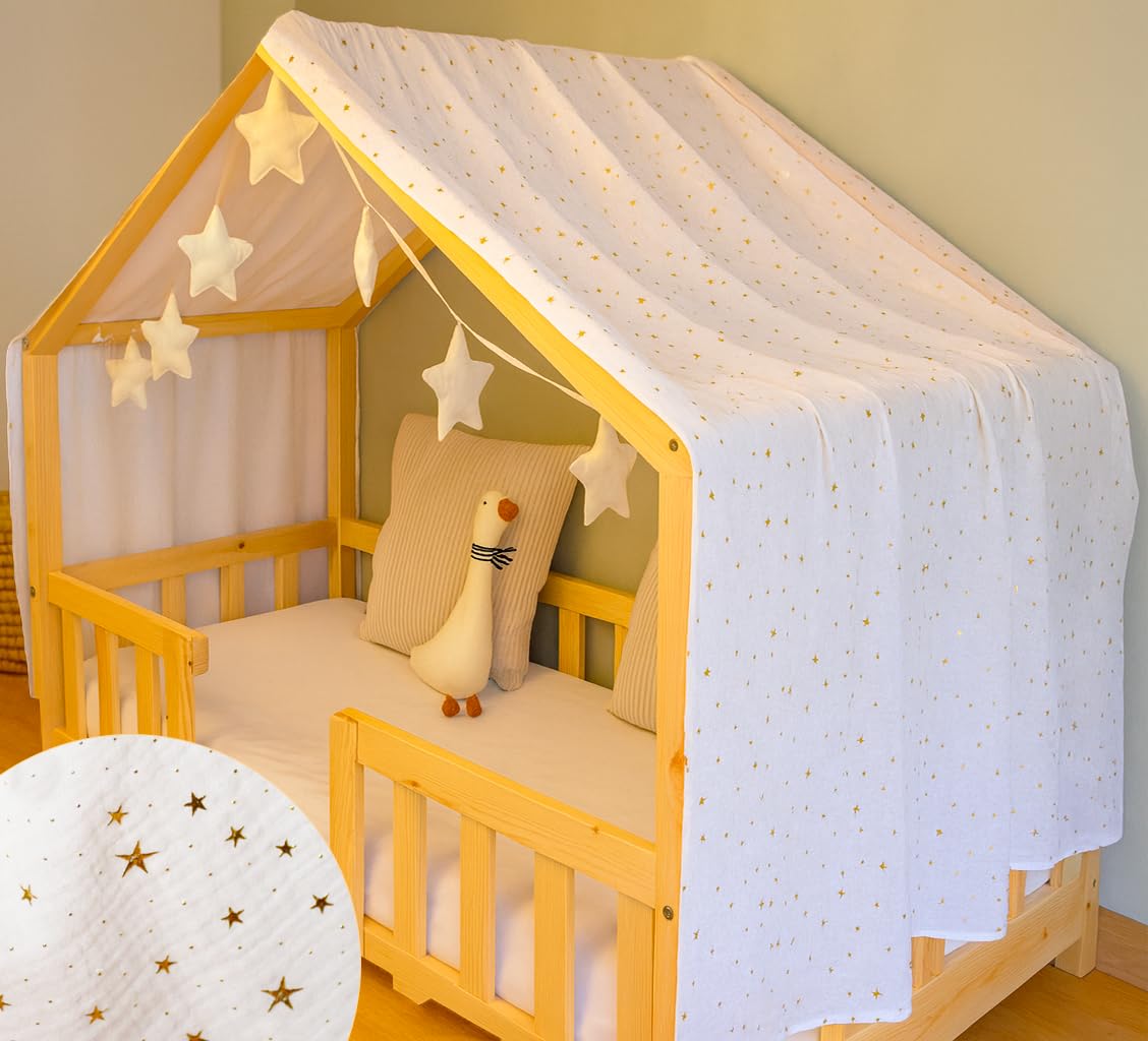 YellowNest Hausbett Himmel - 100% Baumwolle - Betthimmel Hausbett aus Musselin - Himmelbett Vorhänge für Bett 70x140 cm & 80x160 cm - Ohne Wimpelkette Kinderzimmer Stern (Weiß, 130 x 320 cm)