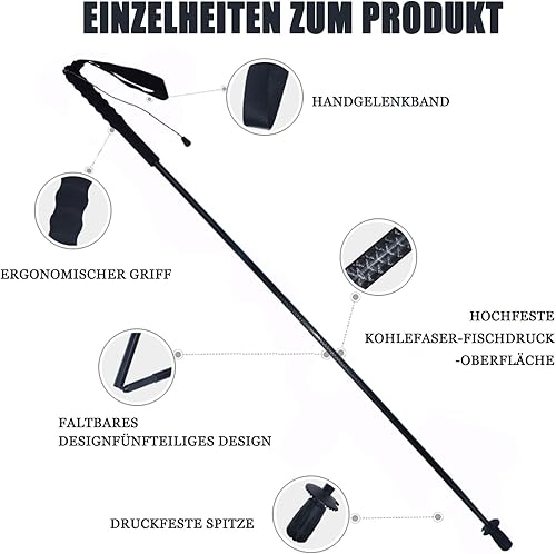 Miniatura 2 de Bastones de senderismo de fibra de carbono de 5 secciones, ligeros y duraderos, paquete de 2, plegables, de agarre recto, adecuados para senderismo,