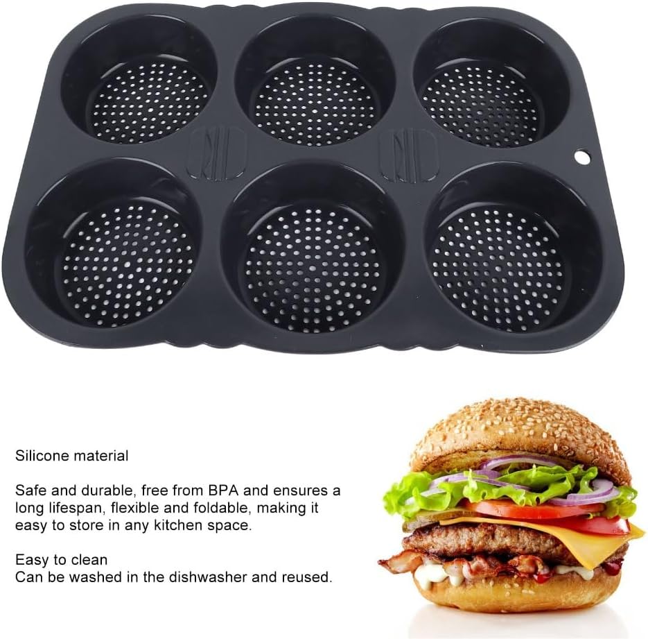 Limen 6 Cavity Hamburger Bun Mould – Foldable Silicone Baking Pan for Buns, Heat-Resisting (-40°F to 446°F) & Dishwasher Safe 13.58 x 9.25 x 1.57 in