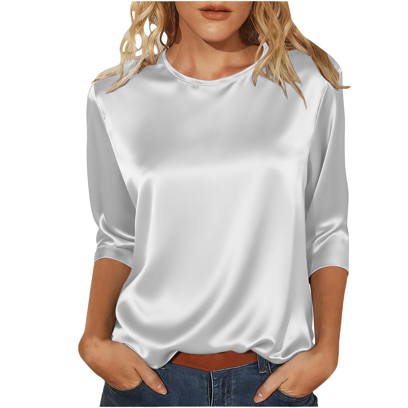 Generico Camiseta blanca básica para mujer con mangas de tres cuartos - Elegante Top de mujer de raso blanco T Shirt manga 3/4 de seda Top Cuello redondo Mangas Color sólido V Blusa Oversize Ligero