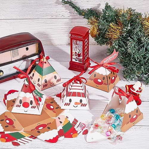 BENECREAT 32Pcs 4 Style Christmas Pyramid Paper Boxes Santa Claus Candy Boxes Triangle Gift Box Candy Box with Bowknot Ribbon for Wedding Christmas Party Gifts, 8x8x9cm