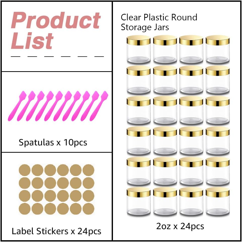 Amorix 24 Pcs 2 oz Plastic Jars with Gold Lids Clear Jars for Body Butter
