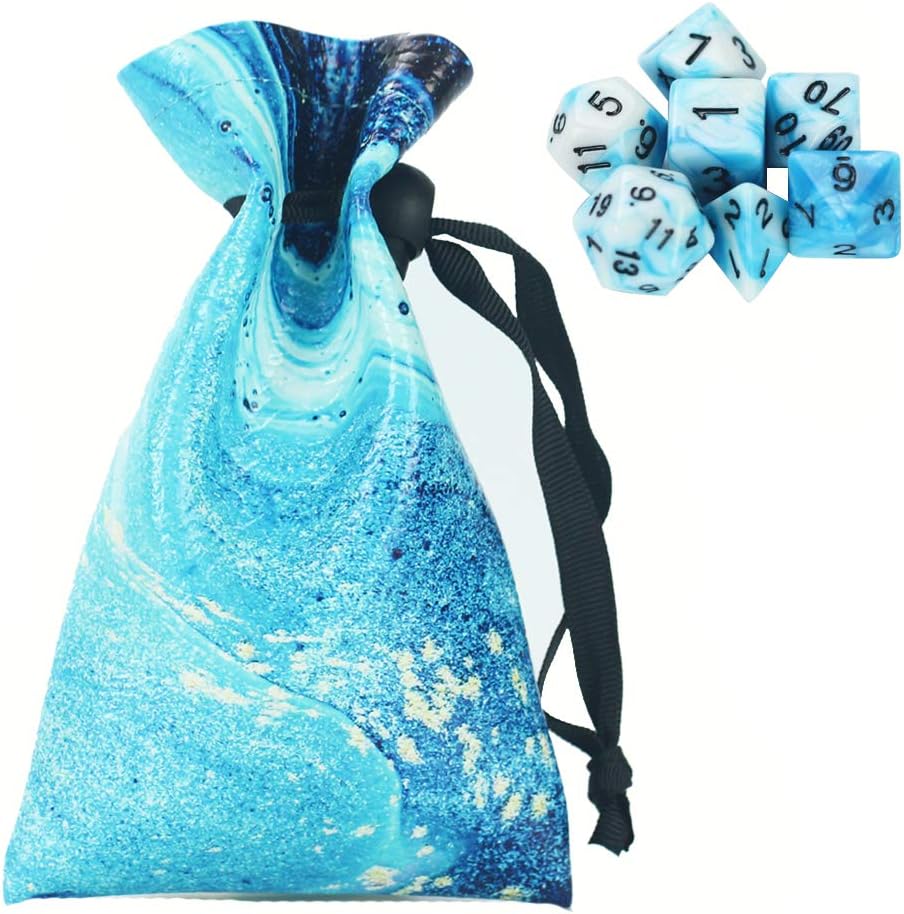 QIELIZI DND Dice Bag Pouch,PU Leather Dragon Dice Pouch Wih 7 Die Set Perfect for Dungeons and Dragons RPG D&D Dices, Coins and Accessories(Blue Quicksand)