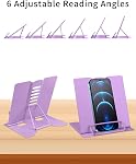 MSDADA Small Desk Book Stand Metal Reading Rest Book Holder Adjustable Cookbook Documents Holder Portable Sturdy Bookstands for Recipes Textbooks Tablet Music Books(Purple)