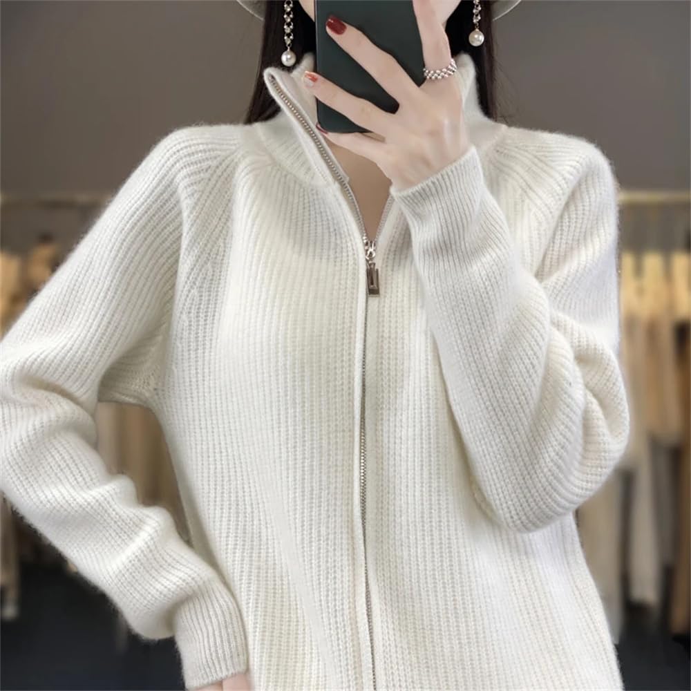 Hndudnff Damen-Strickjacke, Merinowolle, lässiger Rollkragen, Reißverschluss, Kaschmirjacke, Mantel