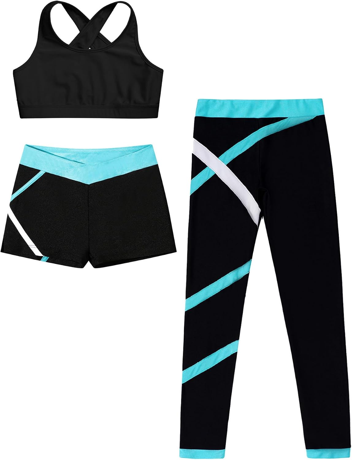DINORMIN Kids Girls Dance Outfits Crop Top with Shorts and Leggings 3 Piece Dance Outfit Tracksuit