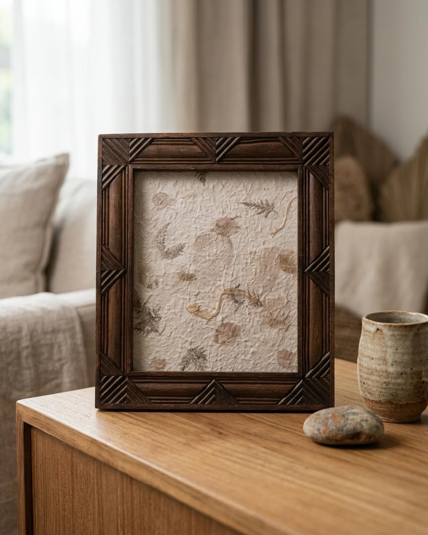 Cadre photo en teck massif design lamelles bois naturel fait main 42x36cm