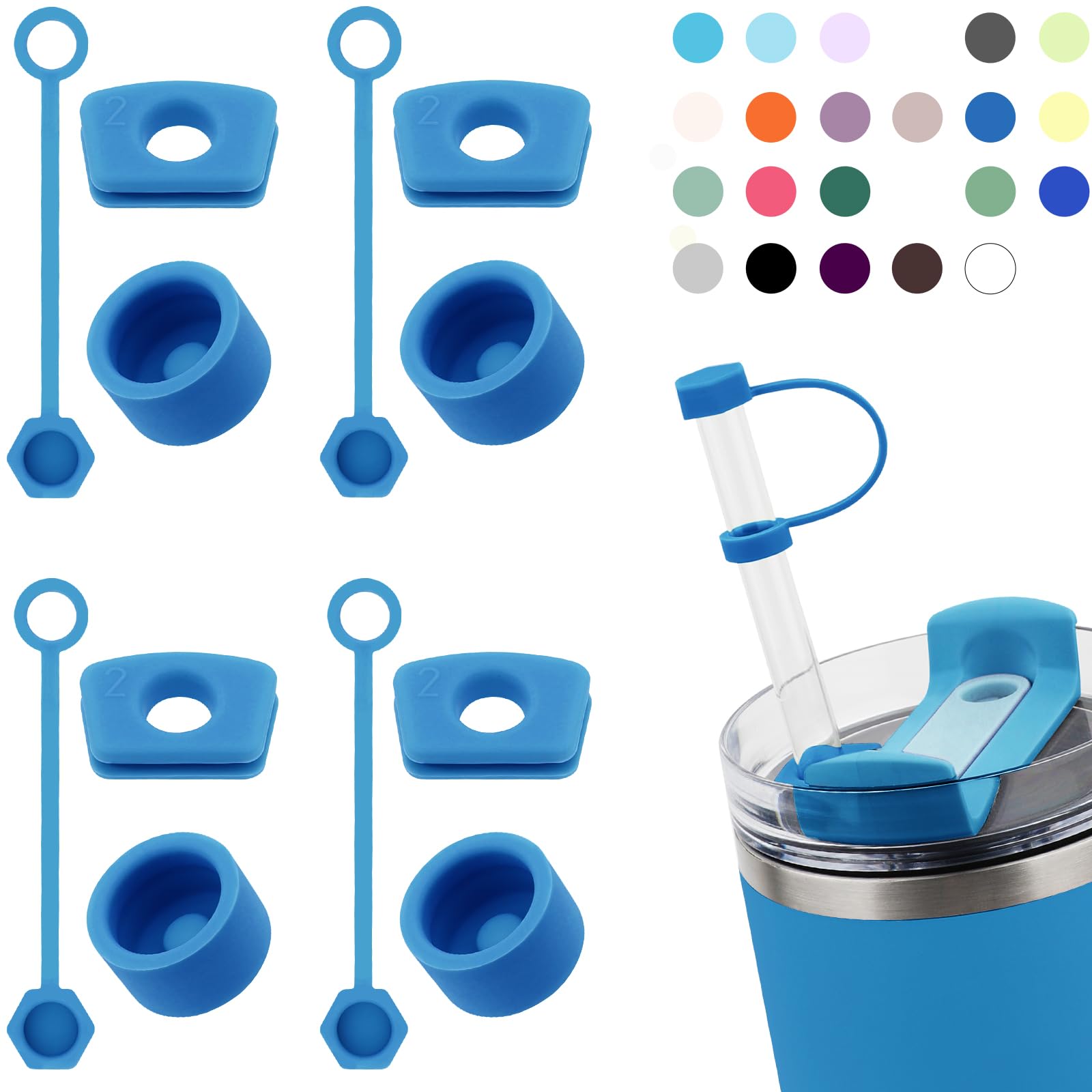 Silicone Spill Stopper Set Compatible with Stanley Cup 2.0 30oz & 40oz with Straw Cover (Set of 4, Azure)