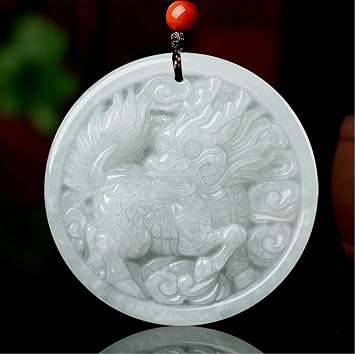 Feng Shui Jade Necklace Natural Ice Jadeite Kylin Kirin Chi Lin Pendant Necklace Braided Rope Necklace Amulet Strong Talisman Attract Money Good Luck Protection