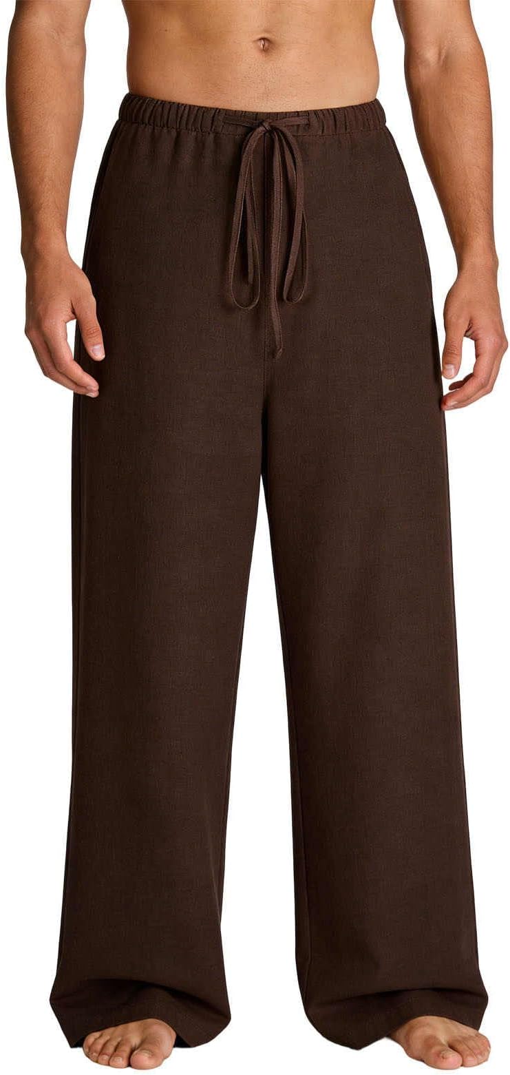 Mens Wide Leg Pants Elastic Waist Drawstring Pants Solid Color Casual Pant Summer Lightweight Trousers with Pocket