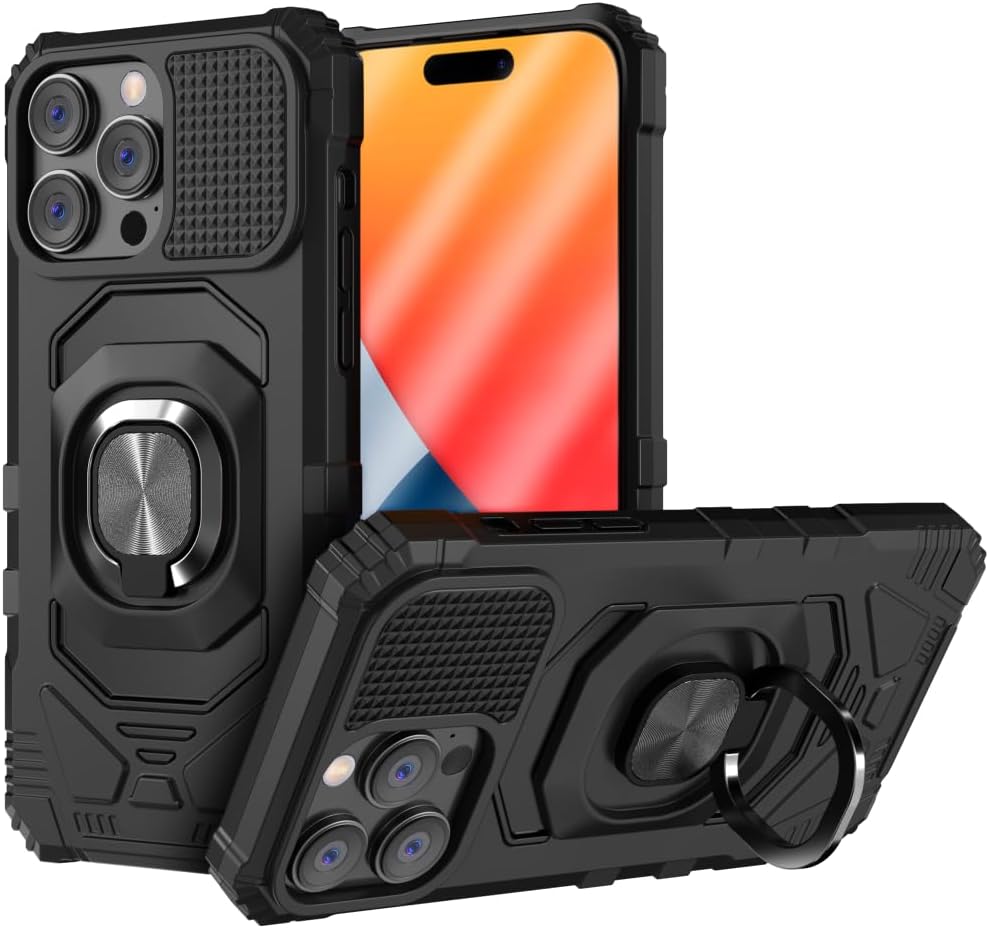 Designed for Apple iPhone 15 Pro Phone case with Kickstand - Heavy Duty Armor Cover with Kickstand - Military Grade iPhone 15 Pro Case - Black