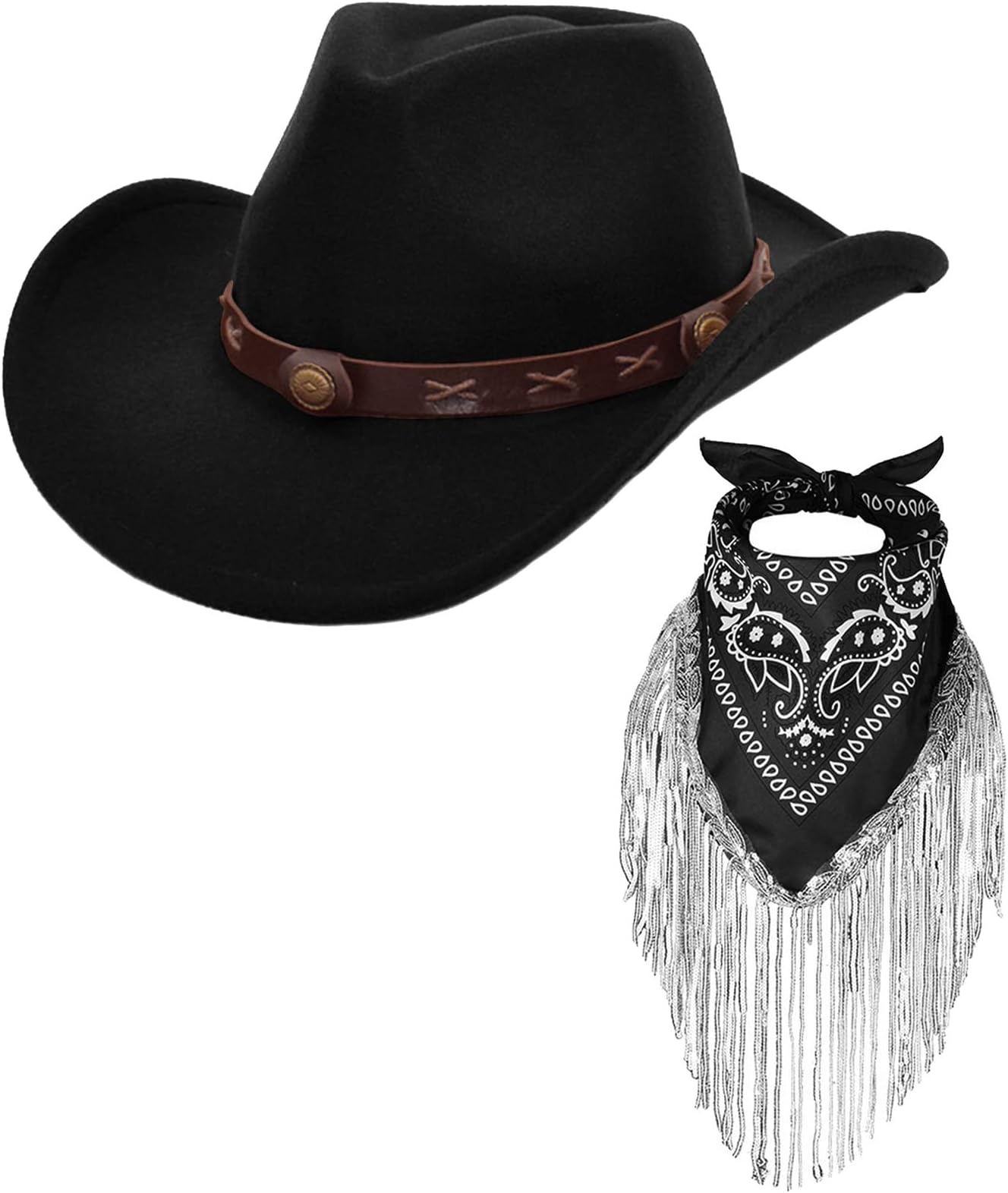 ErogeenCowboy Hat with Fringed Bandana Set for Women Wide Brim Western Cowgirl Hat Paisley Head Wrap Scarf