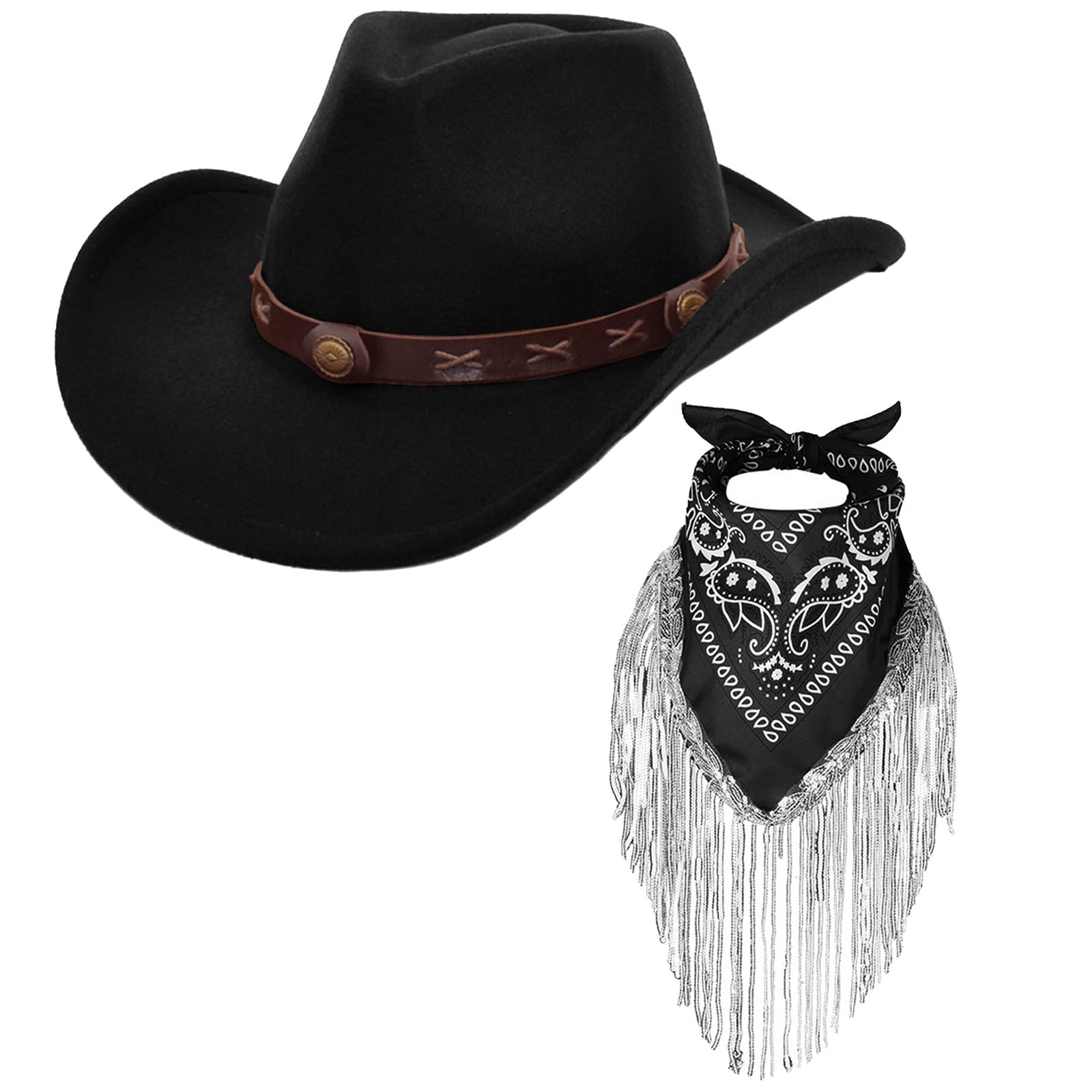 ErogeenCowboy Hat with Fringed Bandana Set for Women Wide Brim Western Cowgirl Hat Paisley Head Wrap Scarf