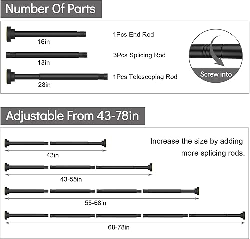 Miniatura 5 de Shower Curtain Rod Adjustable 43-78 inch, 1"Diameter Spring Tension Curtain Rod No Drill, Anti-Rust Non-Slip Shower Rod, Black Shower Curtain Rod