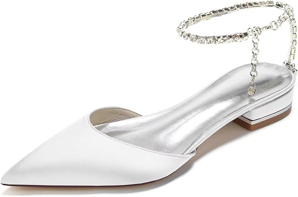 HNVAVQ Womens Slingback Low Heels Closed Pointed Toe Wedding Party Dress Pumps Shoes with Ankle Strap,White,2.5m
