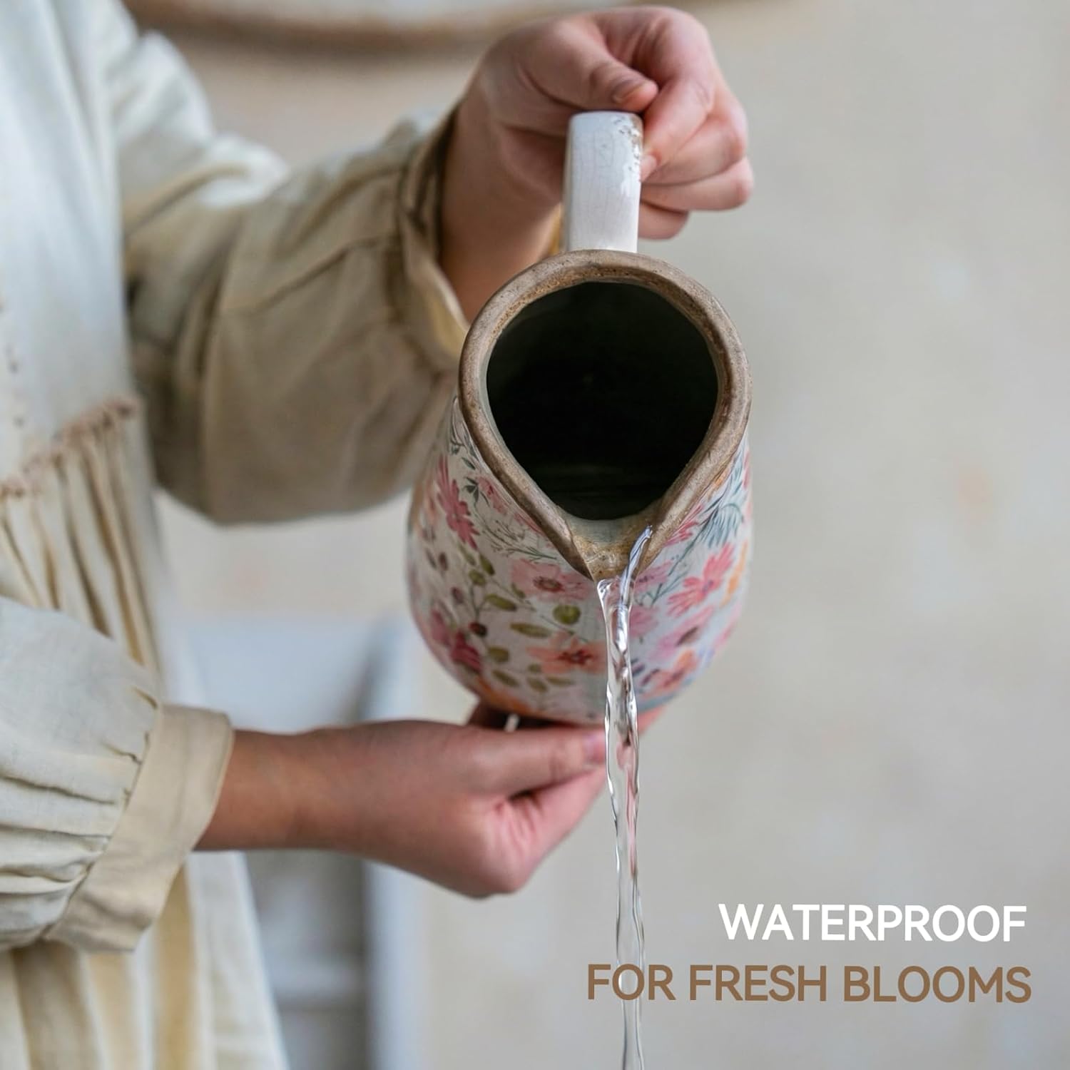 Vintage Lemon Ceramic Vase with Handle, Retro Ice Glazed Crack Farmhouse Pitcher Vase for Home Decor, Living Room, Shelf, Office, Rustic Table Centerpiece 7 Inch