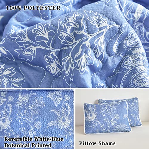 Flysheep Botanical Quilt Set Full Queen Size 3 Pieces, White Blue Floral Printed Reversible Summer Bedding Set, Soft Microfiber Lightweight Bedspread/Coverlet For All Season - 92"X90" #TOP2