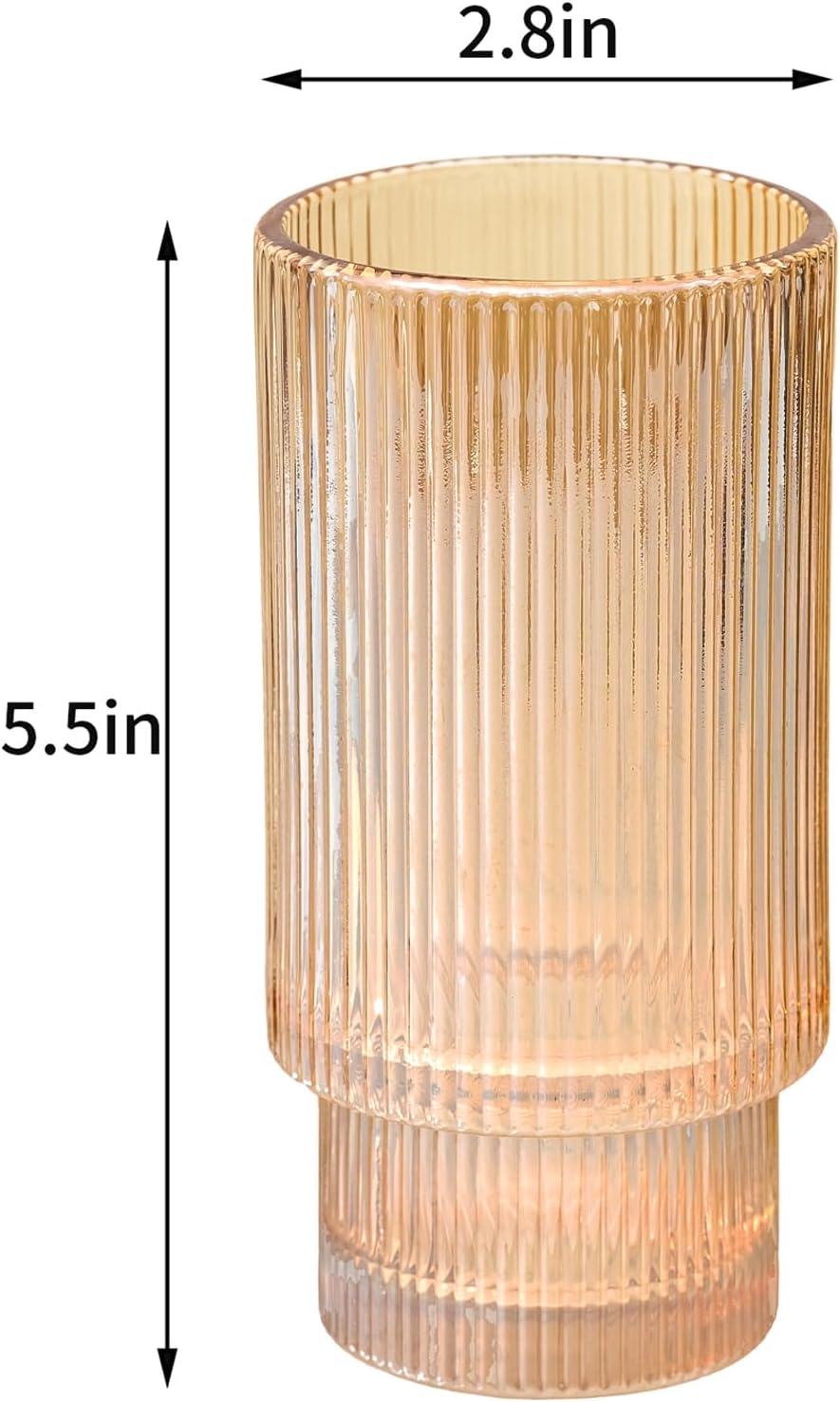 12 oz Ribbed Drinking Glasses Set of 6, Clear Vintage Iced Coffee Cups Elegant Glassware, Highball Glass Cups Ridged Glass Tumbler for Cocktail, Whiskey, Beer, Water, Juice, Origami Style Amber