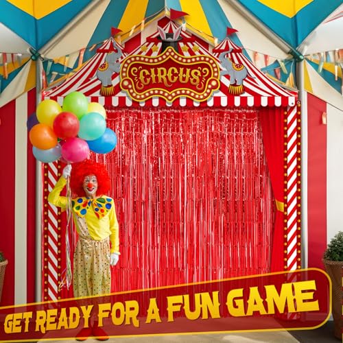 Image of Tingjoo 6 Pcs Carnival Circus Tent Decorations Set Halloween Carnival Decorations Red and White Circus Tent Backdrop Door Cover Banner with Red Tinsel Fringe Curtain Awning Clown Birthday Supplies